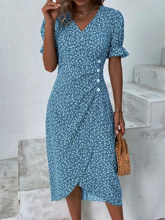 Women Vacation Floral Print V Neck Button Dress