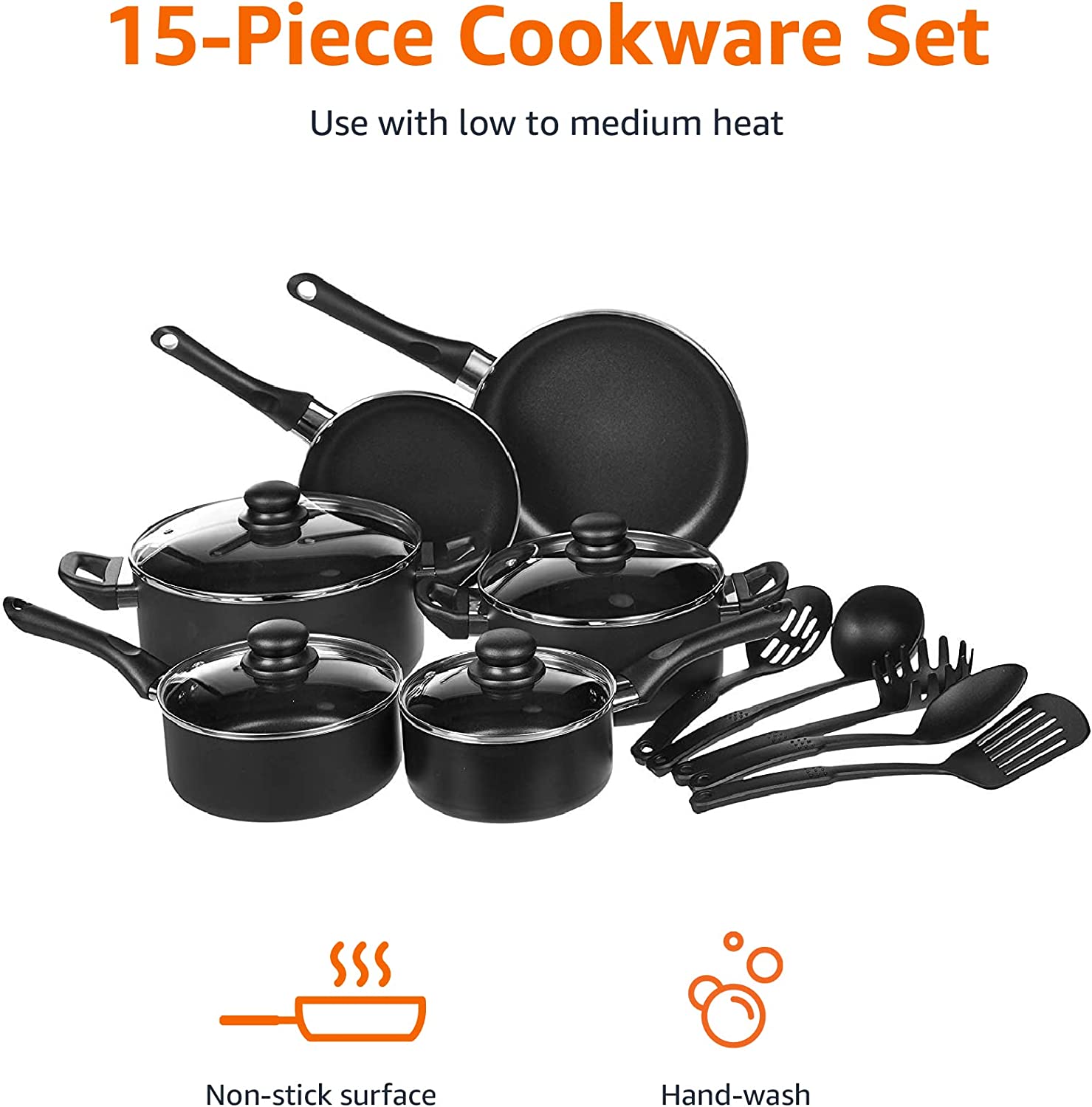 (Store Closing Sale) Non-Stick Cookware Set, Pots, Pans and Utensils - 15-Piece Set