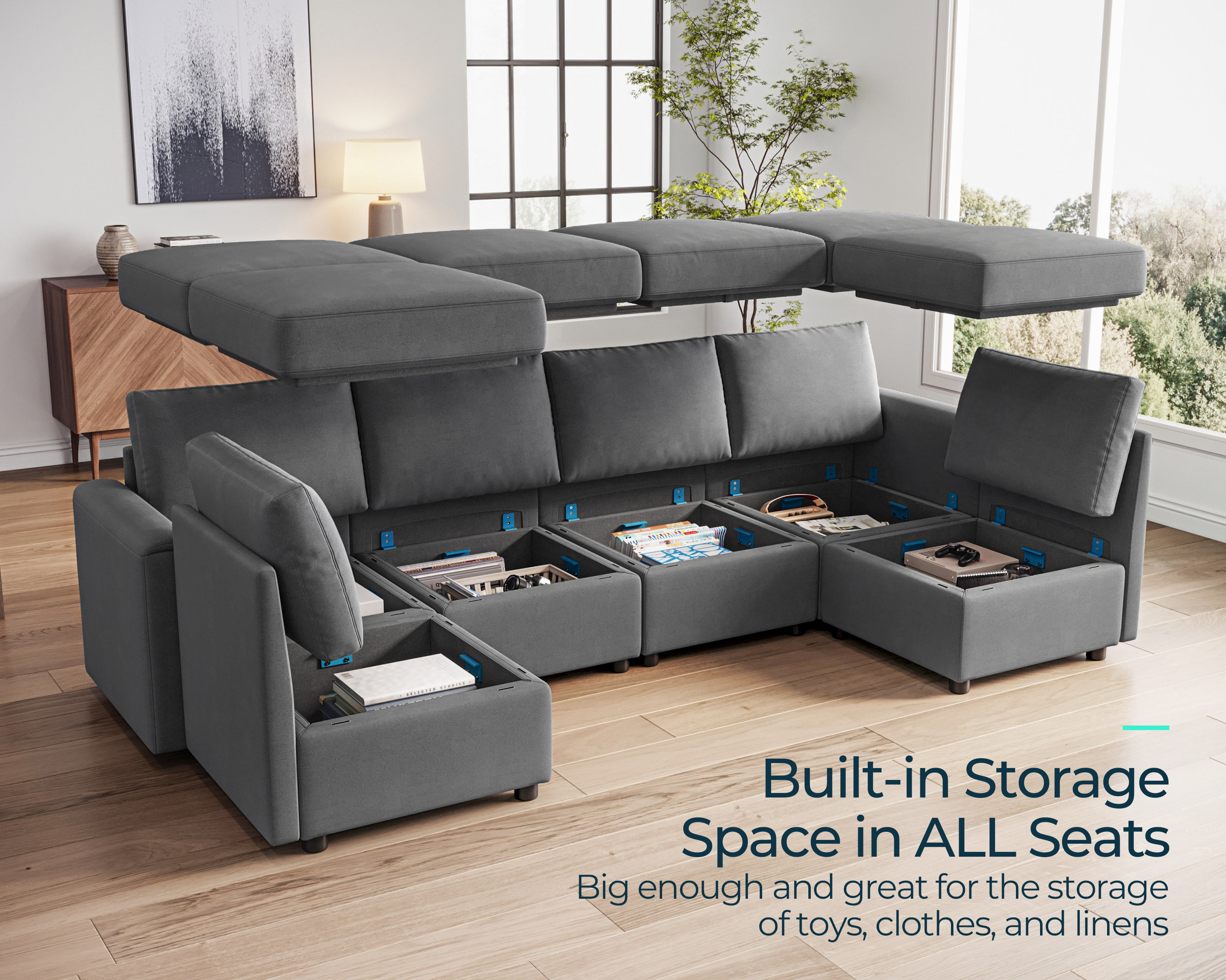 LINSY HOME Modular Couches and Sofas Sectional with Storage Sectional Sofa U Shaped Sectional Couch with Reversible Chaises, Dark Gray