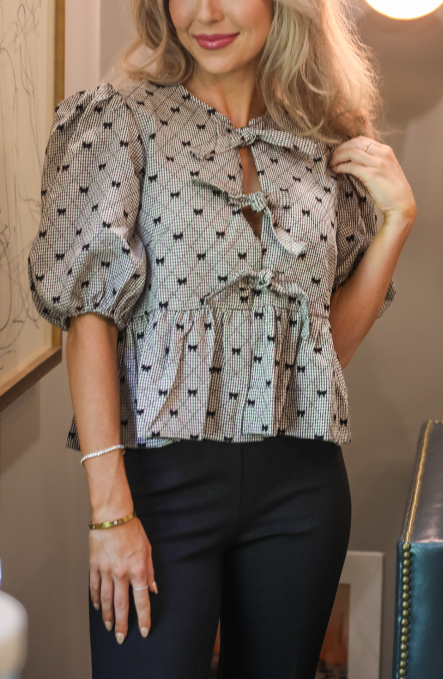 Stop And Stare Bow Patterned Tie Blouse