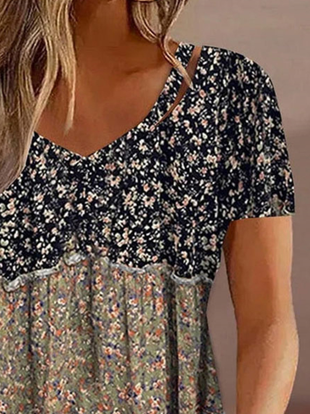 V Neck Vintage Loose Floral Shirt