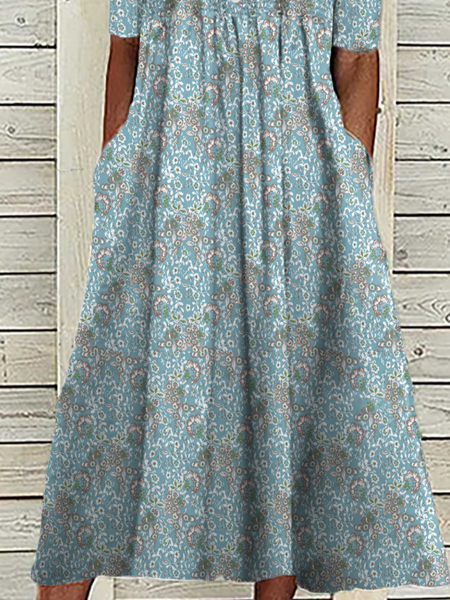 Women's Casual Floral Dress Short Sleeve Blue Dress Pocket V Neck Midi Dress