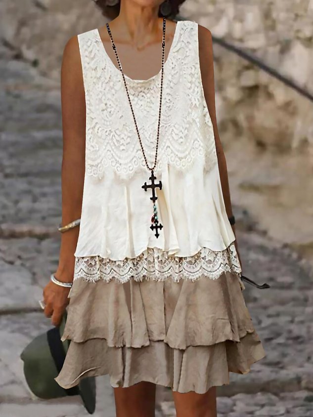 Solid U-Neck Sleeveless Woven Lace Dress