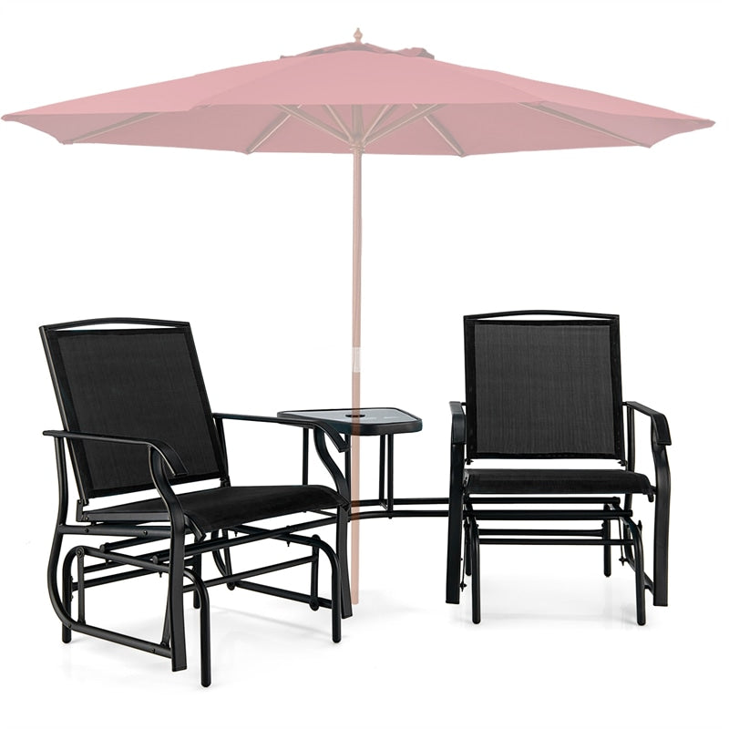 2-Seat Patio Rocking Chair Outdoor Double Glider Chair with Glass Table & Umbrella Hole