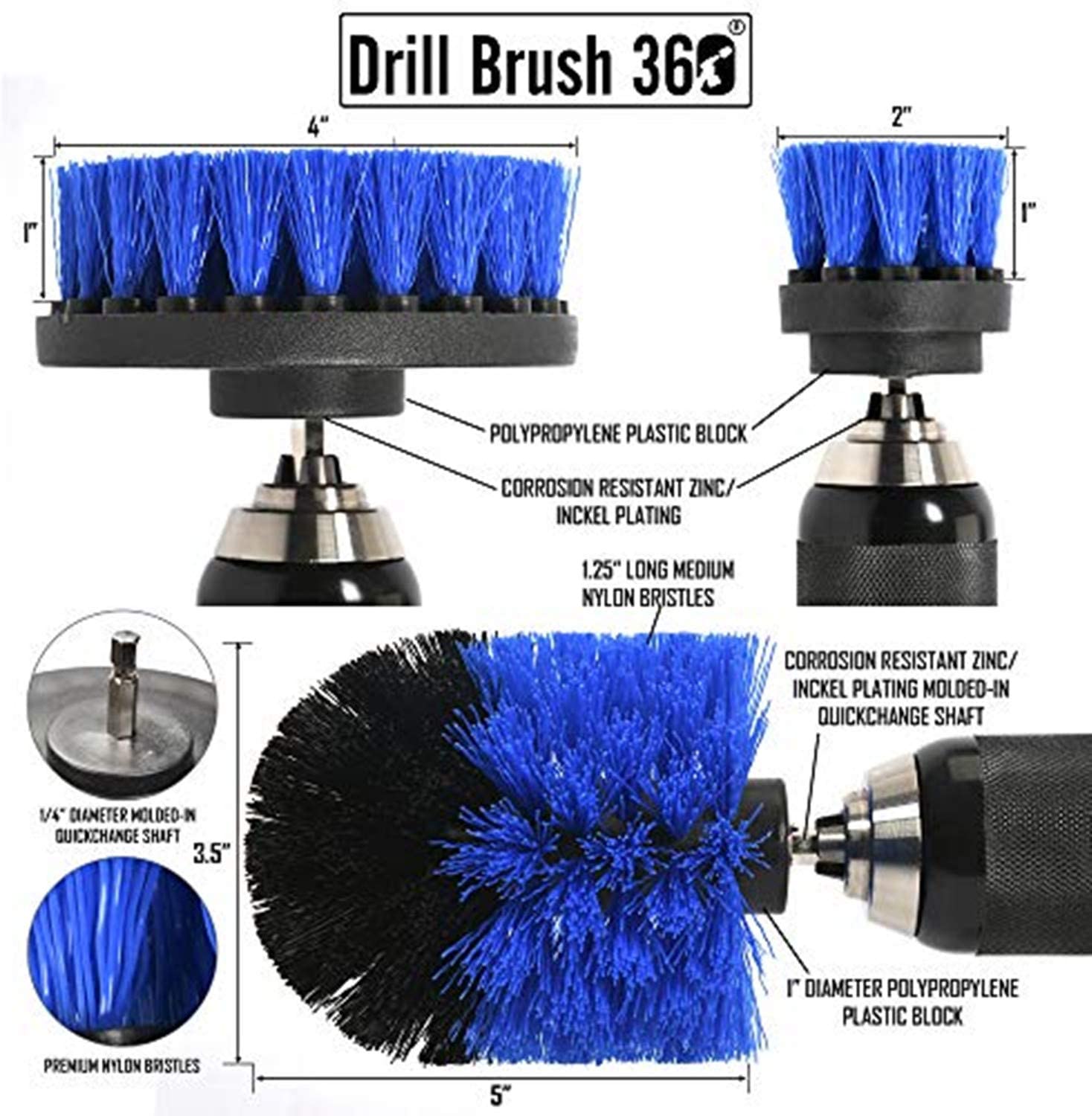 Original Drill Brush 360 Attachments 3 Pack kit Medium- Yellow All Purpose Cleaner Scrubbing Brushes for Bathroom Surface, Grout, Tub, Shower, Kitchen, Auto,Boat,RV