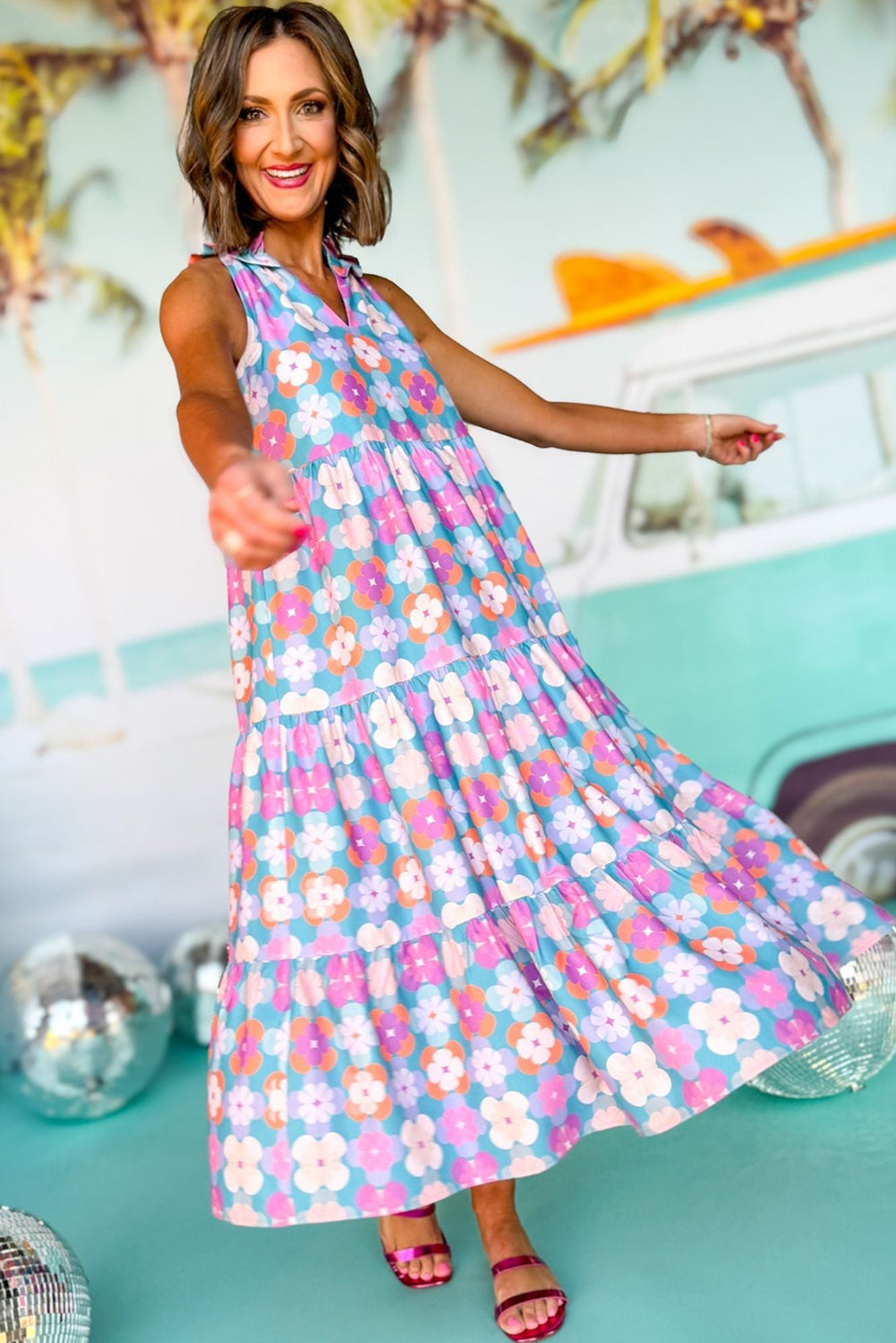 Sky Blue 60s Flower Split Neck Sleeveless Tiered Maxi Dress