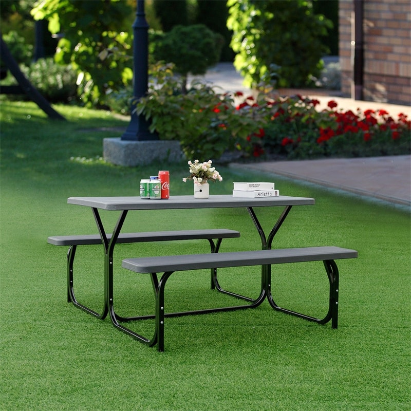 Outdoor Picnic Table Bench Set All-Weather Camping Dining Table Set with Metal Base