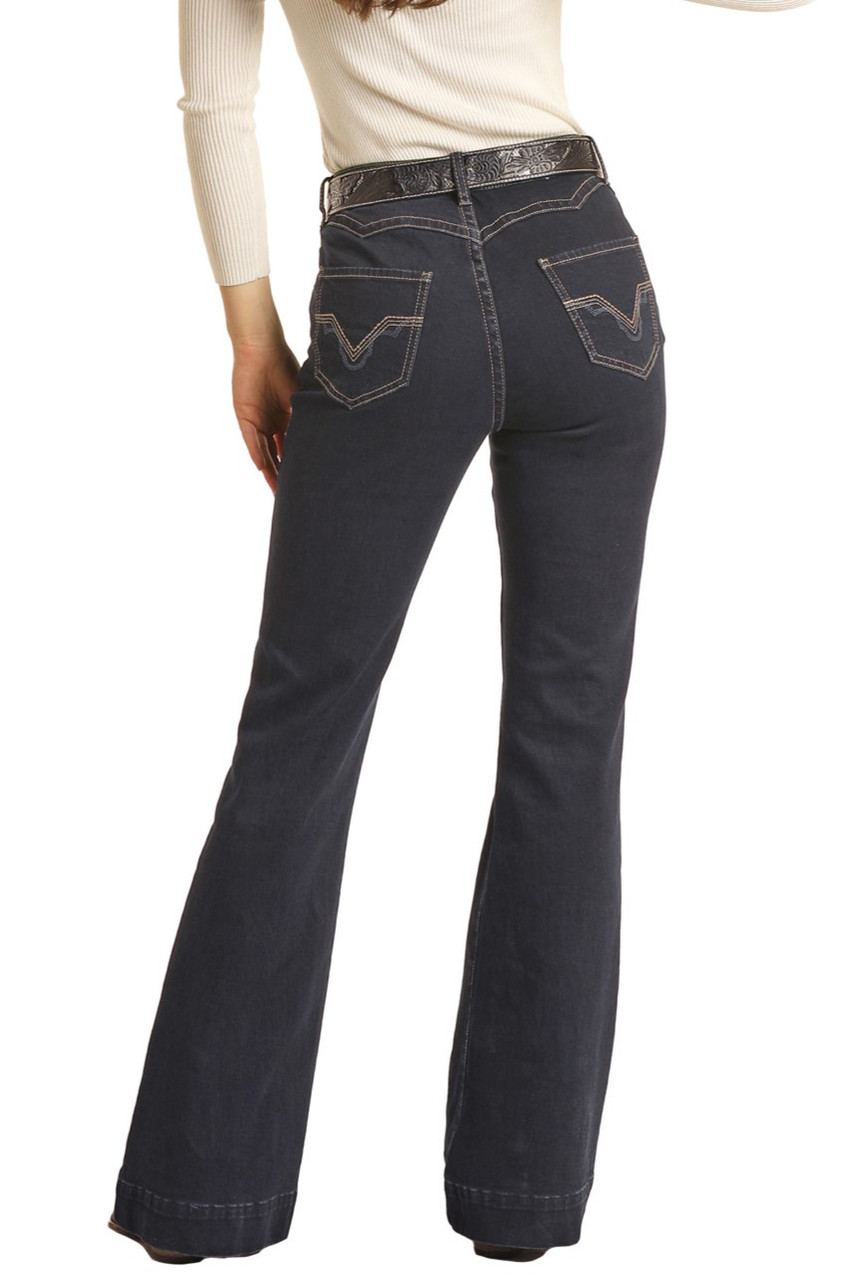 Simple women's mid-waist pocket line design details denim pants