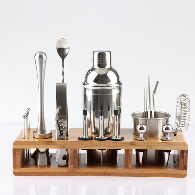 Cocktail Shaker Premium Set Stainless Steel 23-Piece Set with Big Wooden Frame Bar Cocktail Shaker