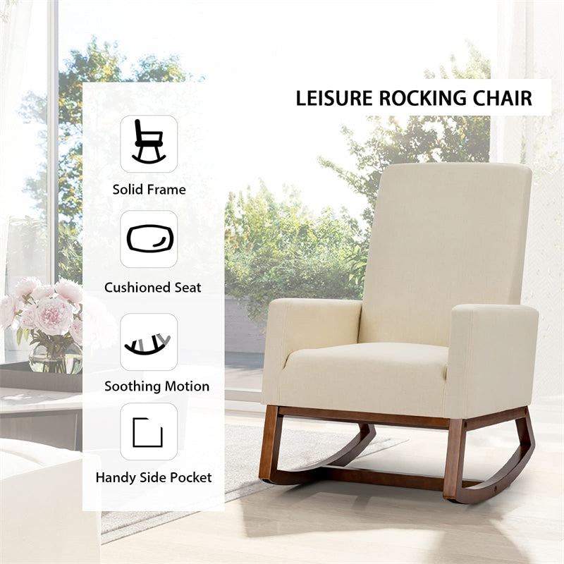 Upholstered Rocking Chair High Back Glider Rocker Chair Mid-Century Nursery Chair Modern Fabric Armchair with Wood Base