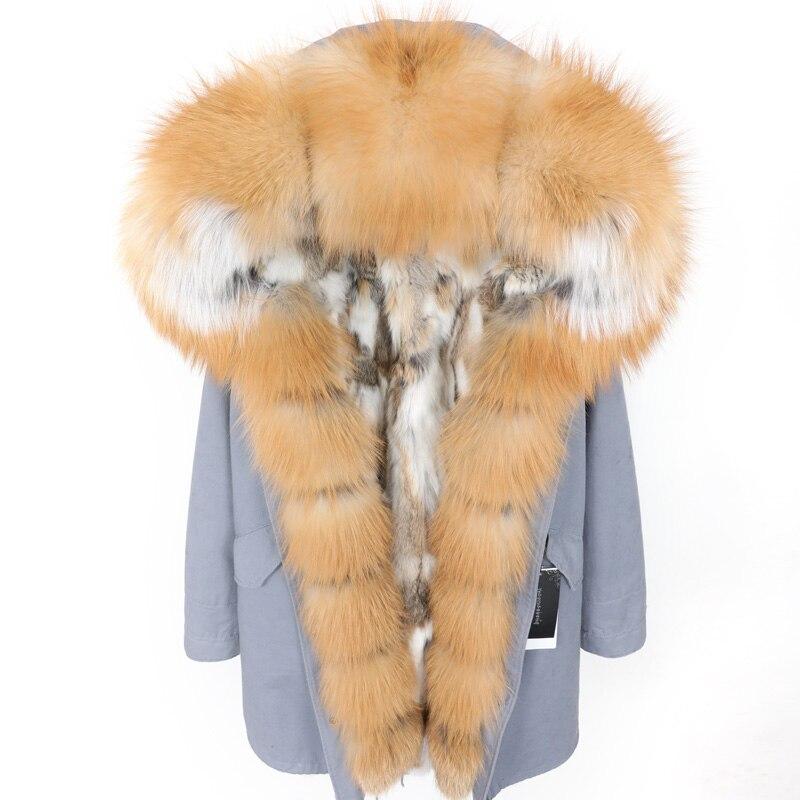 Brand Women's Parka Rabbit Fur Lining Hooded Long Coat Parkas Outwear Army Green Large Raccoon Fur Collar