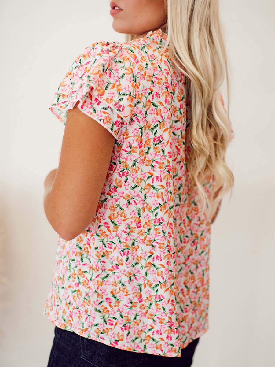 Flower pattern tie up layered short sleeved top