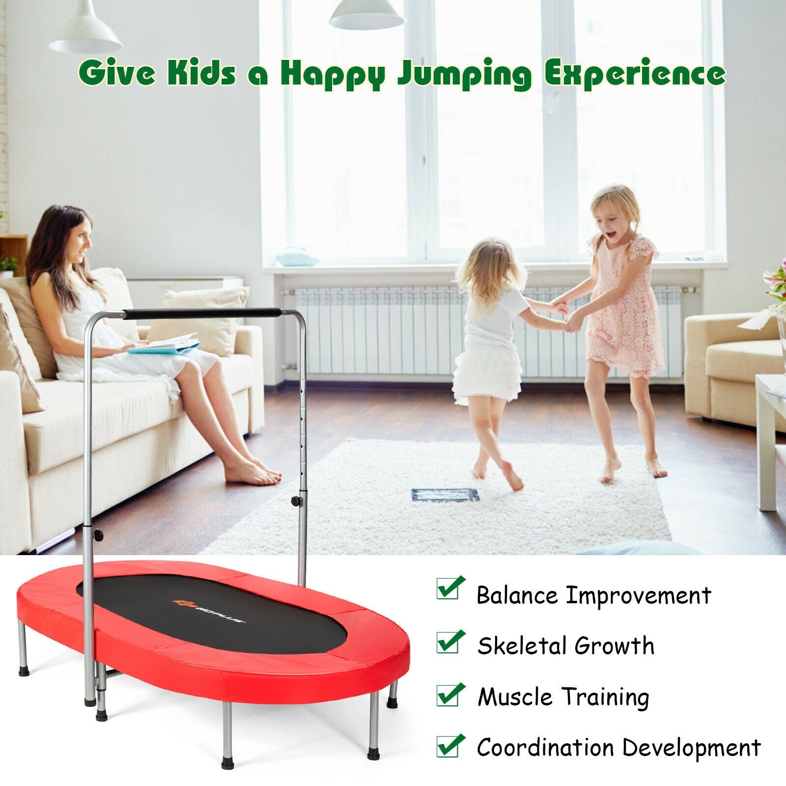 Foldable Double Mini Kids Fitness Trampoline Rebounder with Adjustable Handle