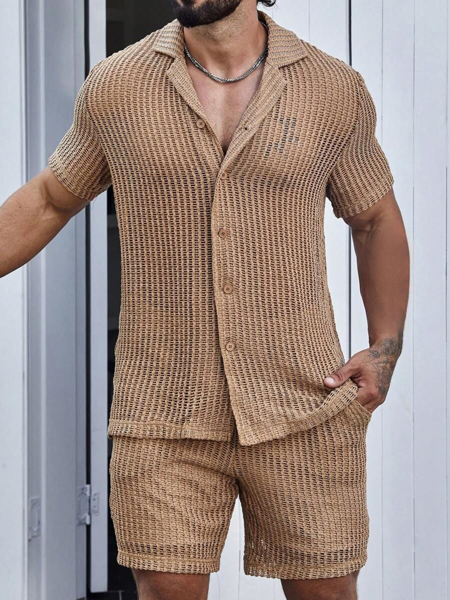 2Pcs Men's Resort Beach Woven Hollow Shirt Shorts Set