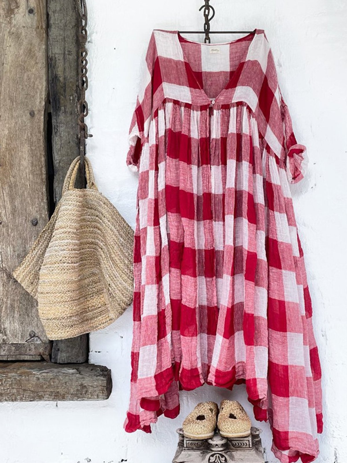 Women's Plaid V-Neck Cotton Dress