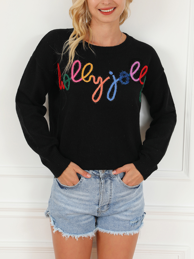 Black Holly Jolly Round Neck Casual Sweater