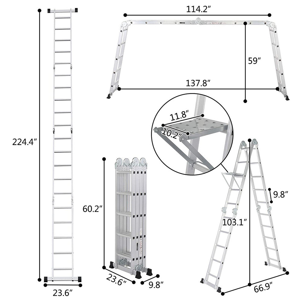 Folding Telescoping Ladder Aluminium Multi-Purpose 7 in 1 Heavy Duty Combination 12.5/15.5/18.5 Feet