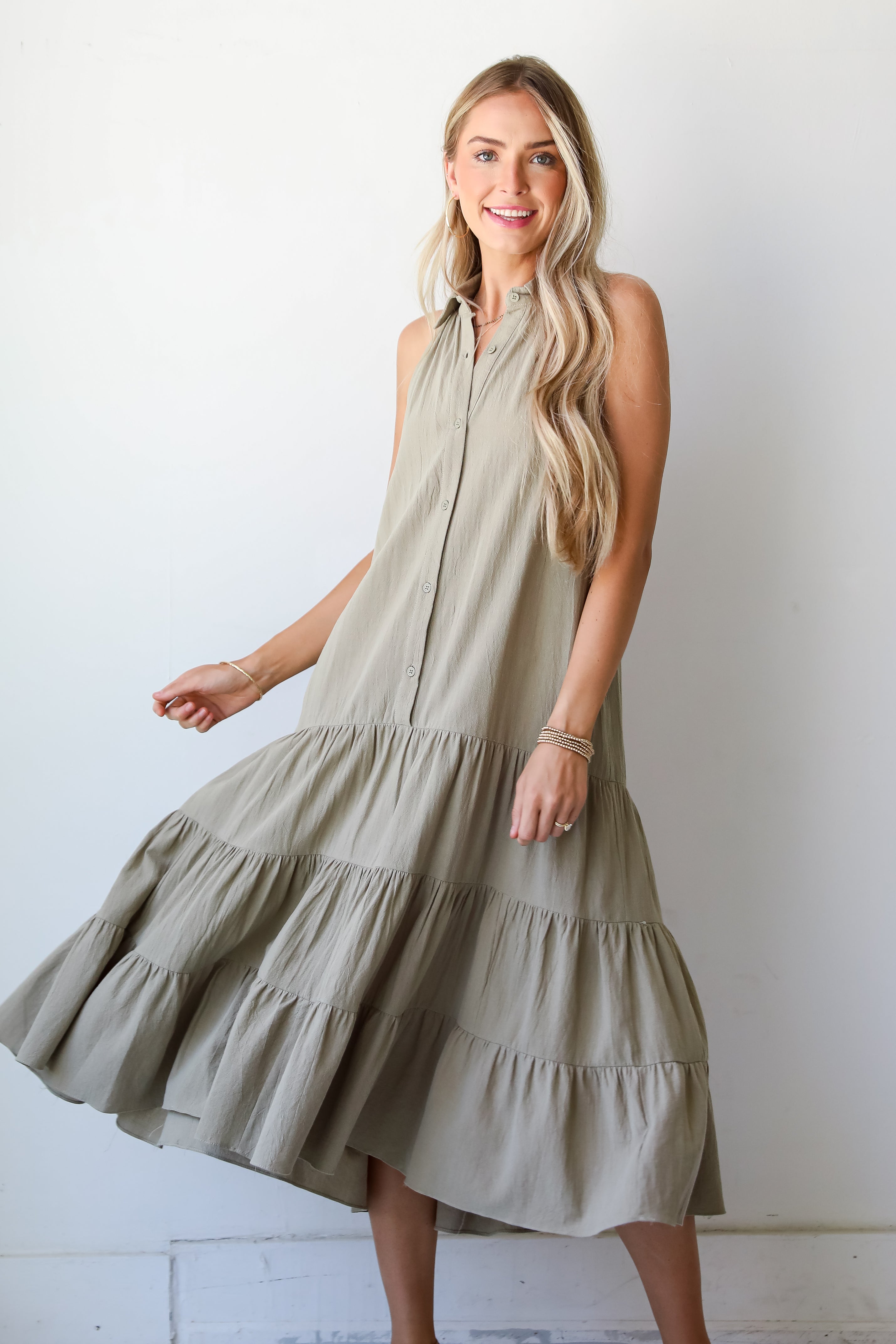 Sweet Destiny Light Olive Tiered Midi Dress