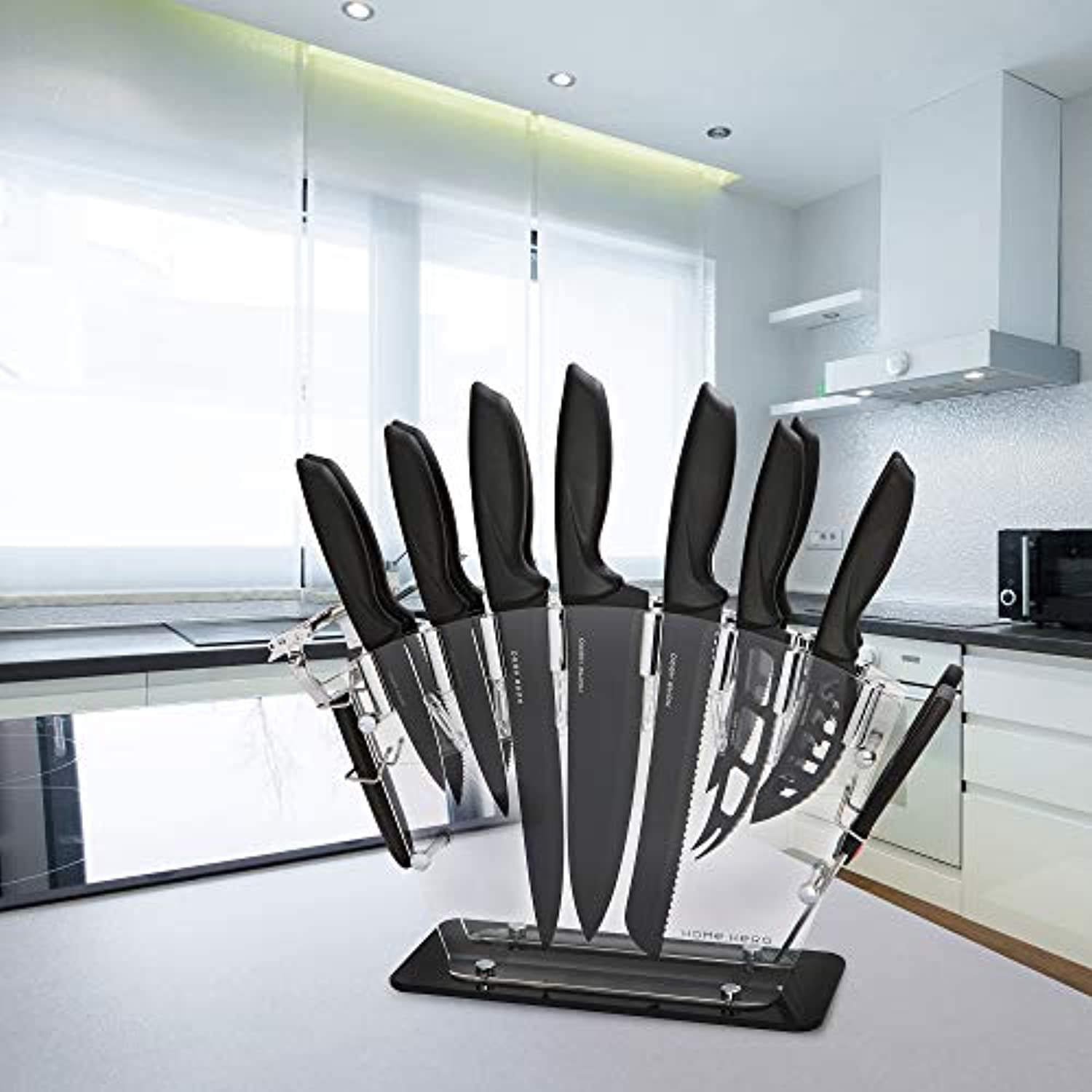 (Store Closing Sale) Kitchen Knife Set with Acrylic Block, Scissors, Peeler and Knife Sharpener Full 17 Piece Stainless Steel Kitchen Knives Set