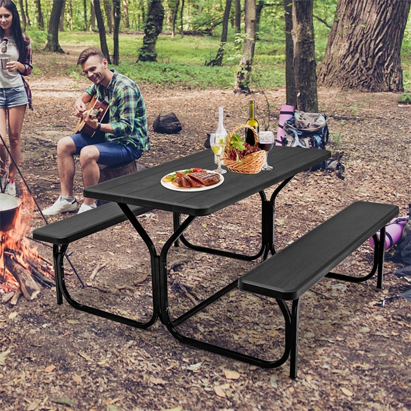 Outdoor Picnic Table Bench Set All-Weather Camping Dining Table Set with Metal Base