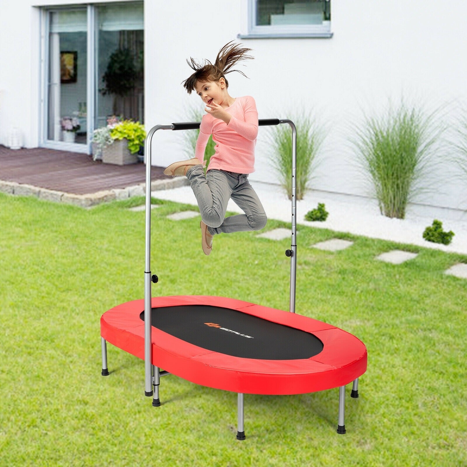 Foldable Double Mini Kids Fitness Trampoline Rebounder with Adjustable Handle