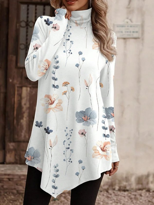 Casual Floral Half Turtleneck Long Sleeve T-shirt