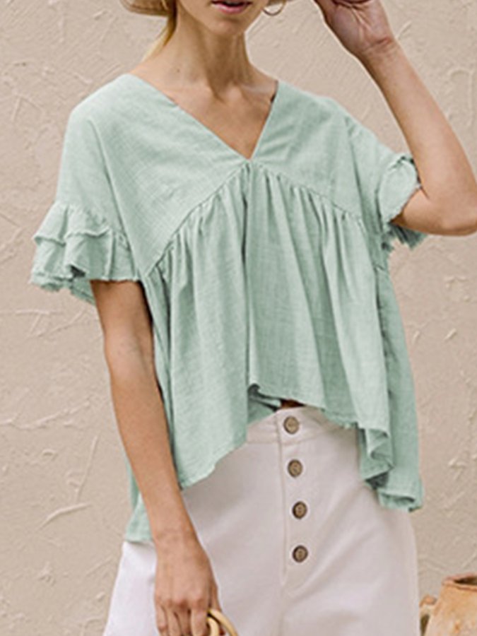 Ladies Cotton Linen V-Neck Ruffled Casual Shirt