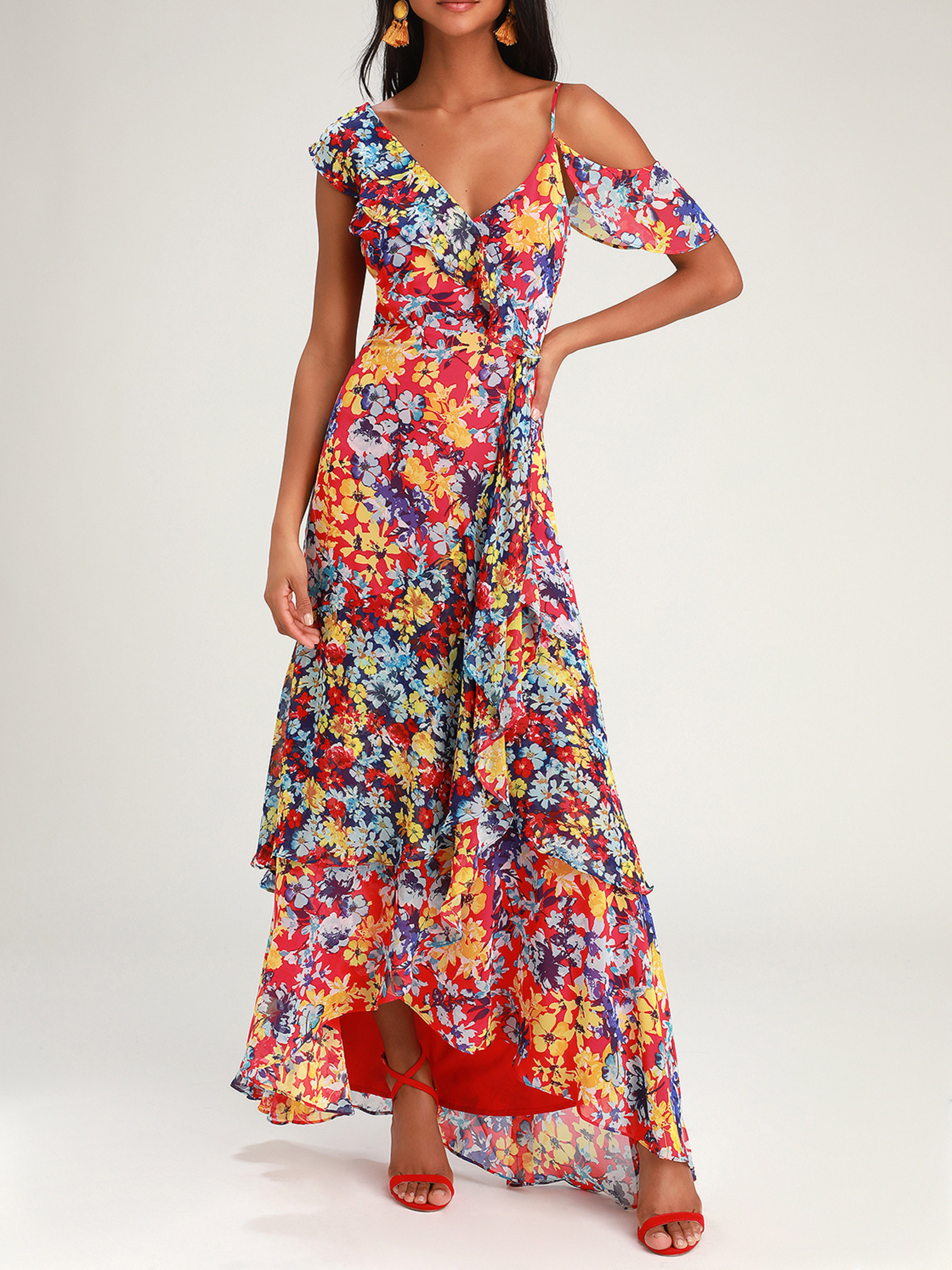 Radiant Ruby Red Floral Print Chiffon Maxi Dress