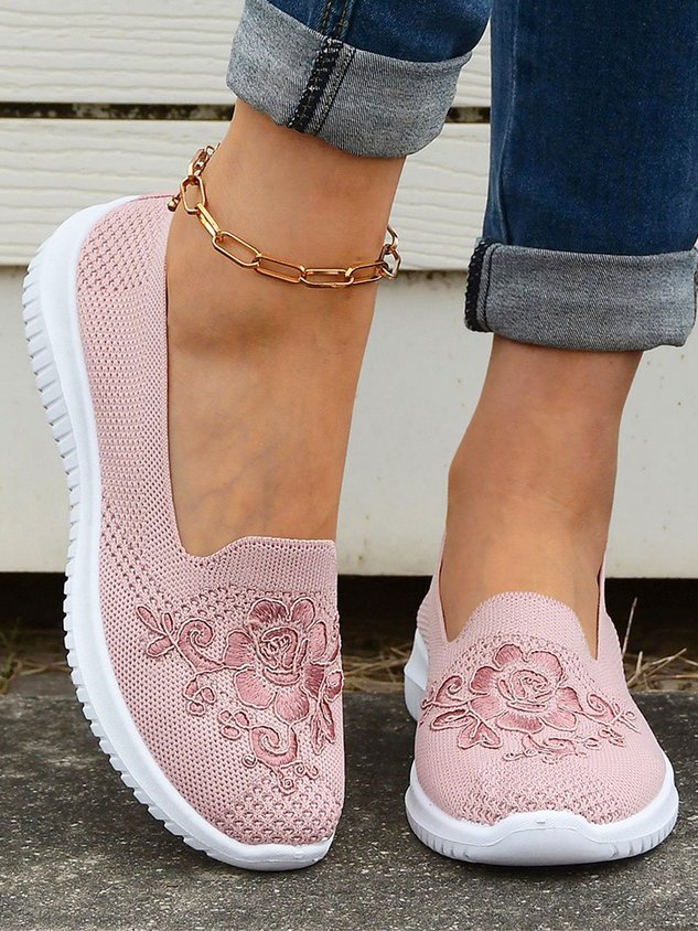 Sports Floral Breathable Slip On Flat Heel Fly Woven Shoes Embroidery