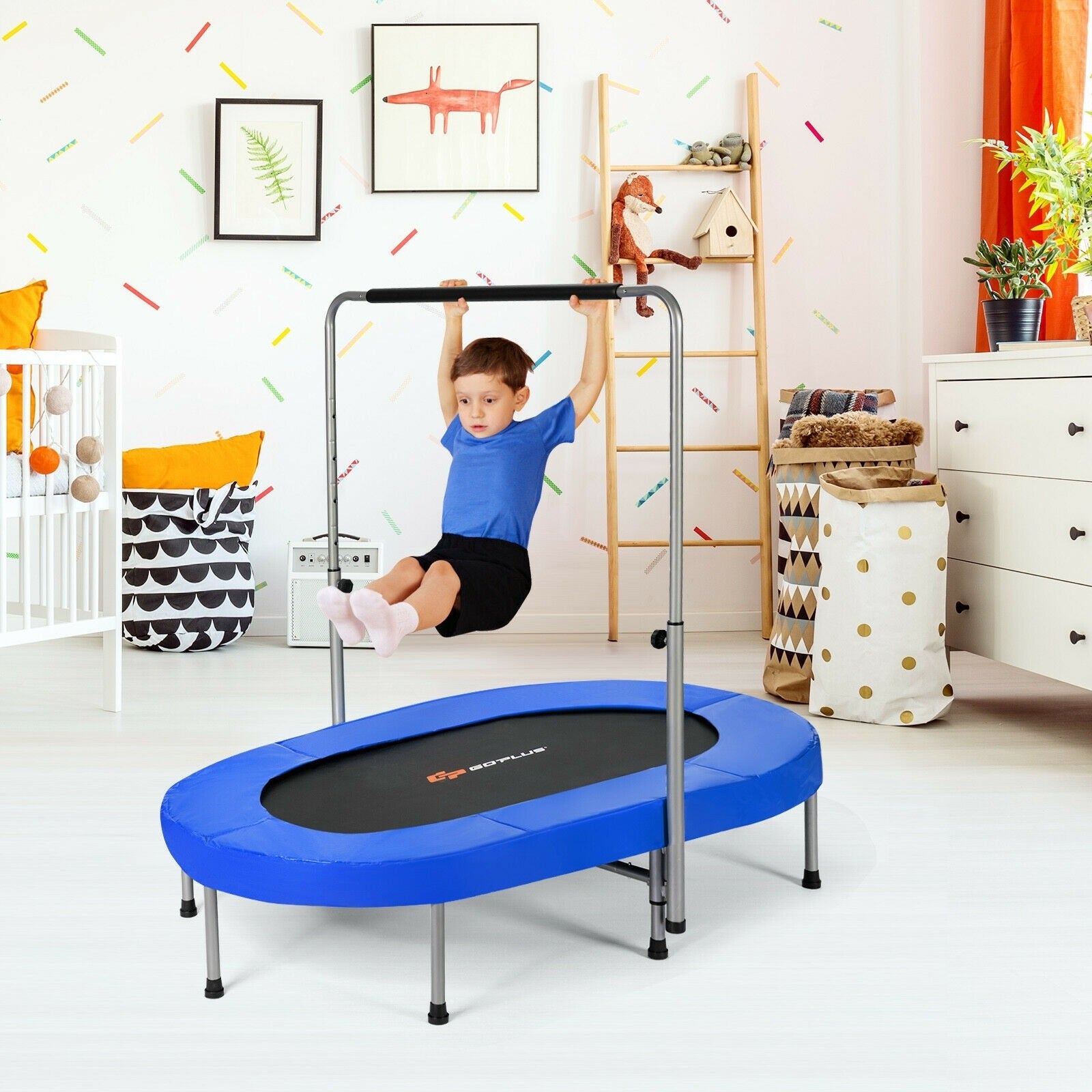 Foldable Double Mini Kids Fitness Trampoline Rebounder with Adjustable Handle