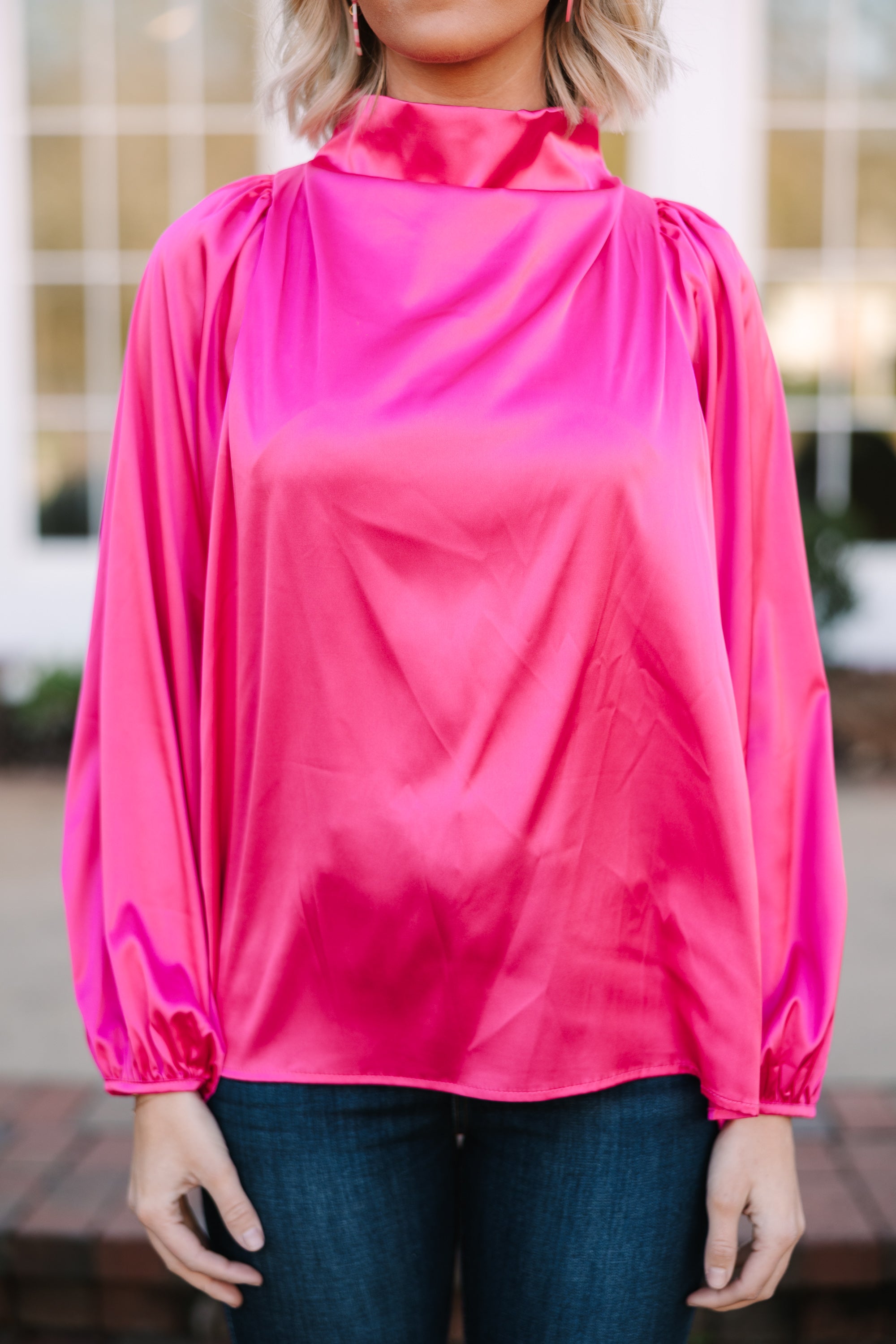 Embrace The Joy Fuchsia Pink Satin Blouse