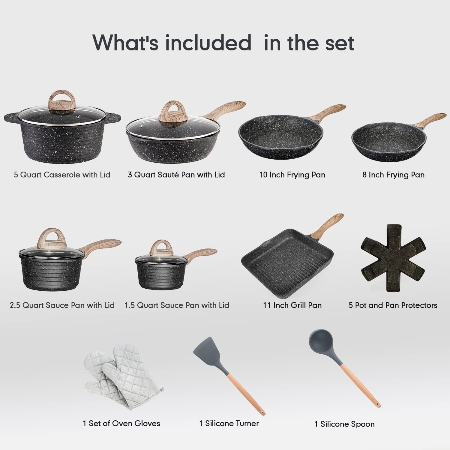 Pots and Pans Set Nonstick 20PCS, Induction Compatible with Frying Pan, Saucepan, Sauté Pan, Grill Pan, Cooking Pots, 20pcs Cookware Set