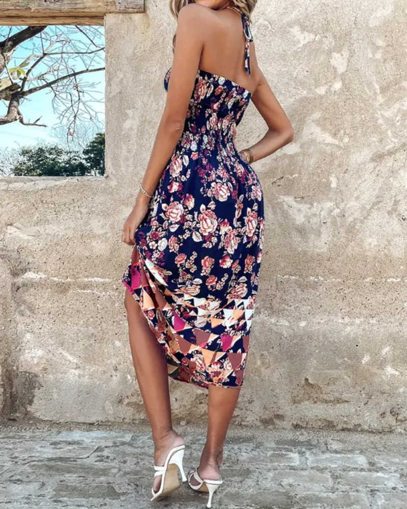 Floral Print Shirred Halter Dress