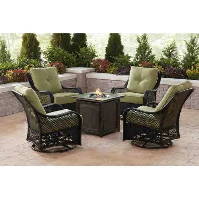 Orleans 5-Piece Steel Patio Fire Pit Conversation Set with Navy Blue Cushions, Swivel Gliders and Square Fire Pit Table