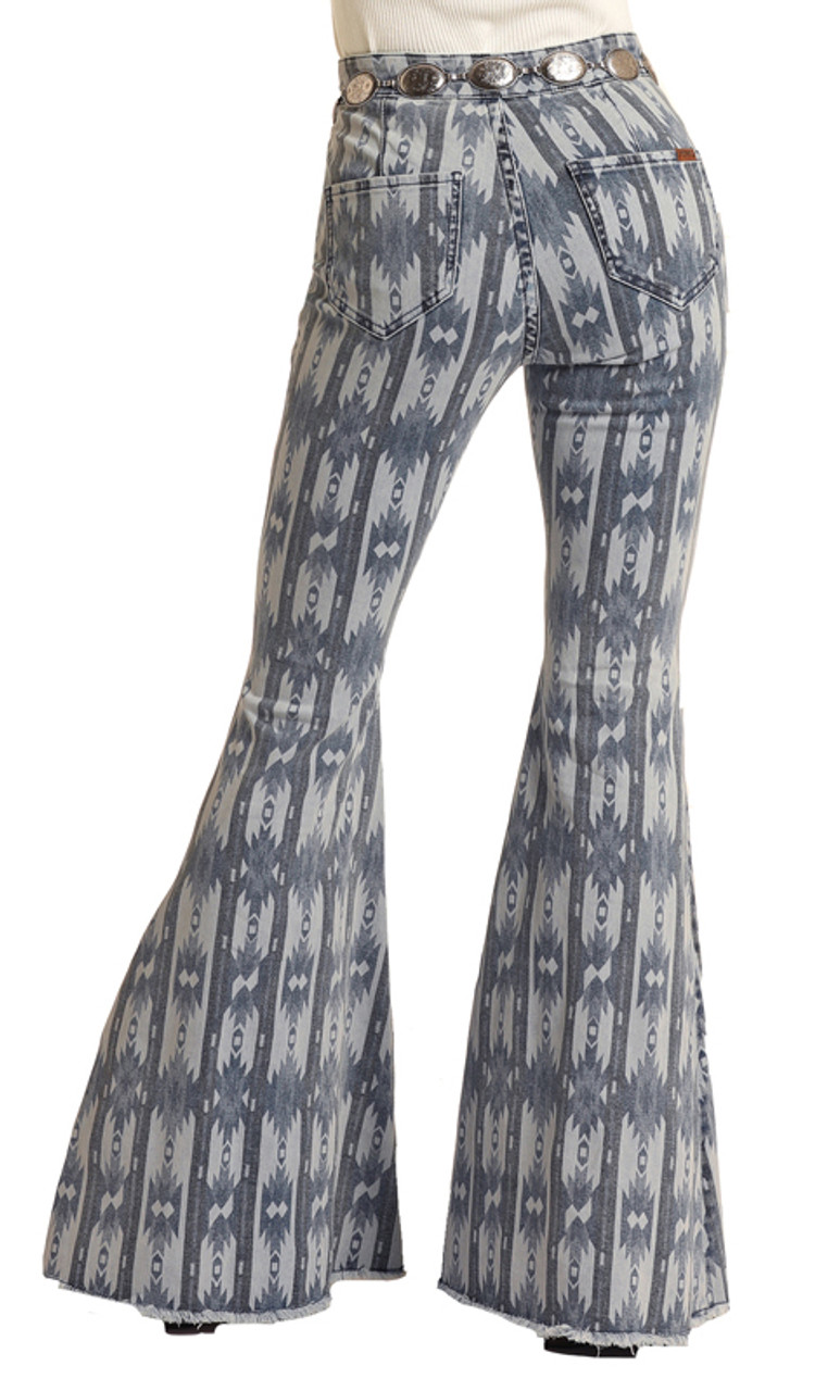 Women's vintage geometric print denim pants flared pants