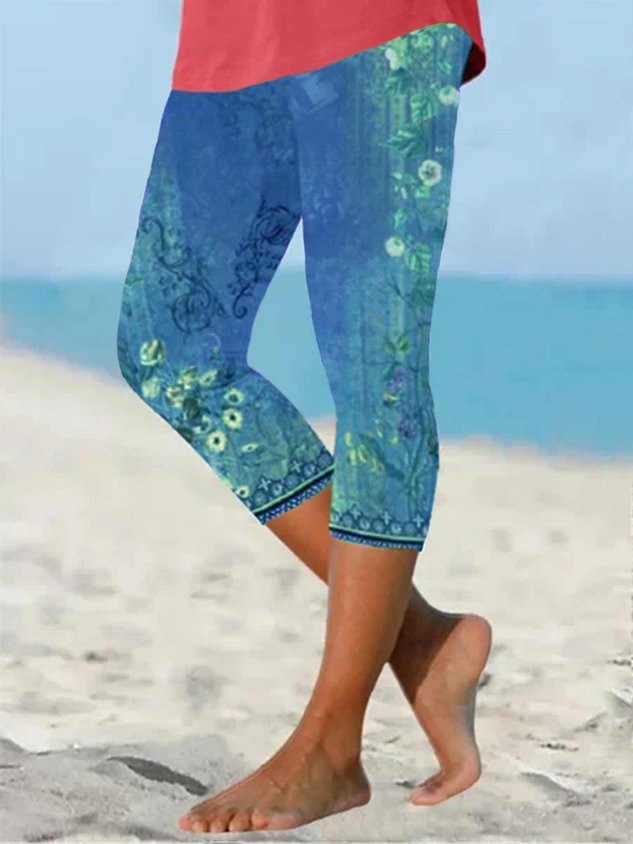 Casual Flower Print Capri Legging