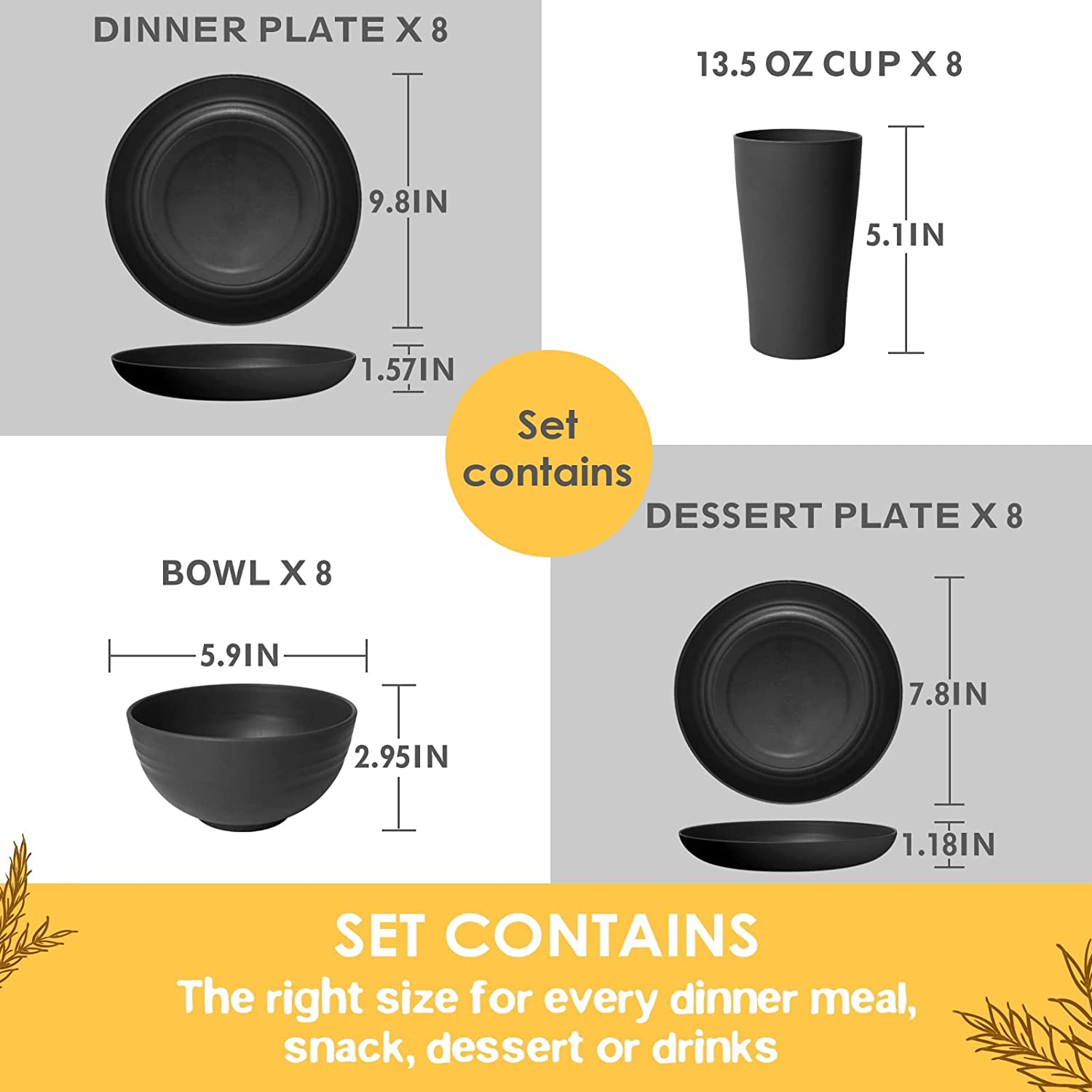 32-Piece Kitchen Wheat Straw Dinnerware Set, Service for 8, Dinner Plates, Dessert Plate, Cereal Bowls, Cups, Unbreakable Plastic Outdoor Camping Dishes, Black