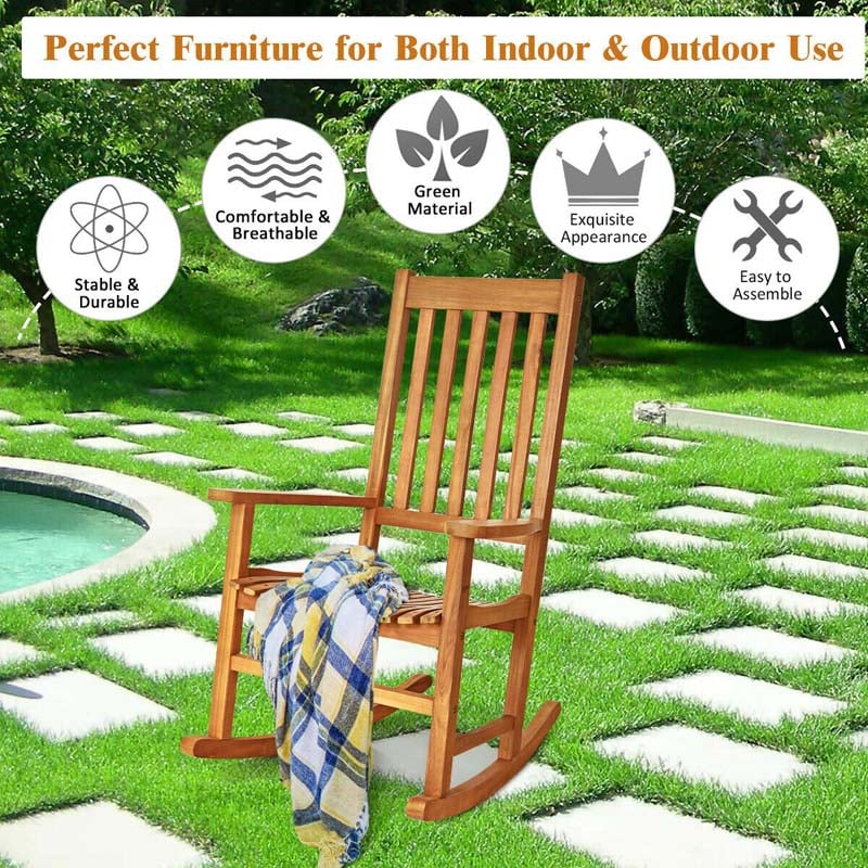 Outdoor Acacia Wood High Back Rocking Chair Porch Rocker