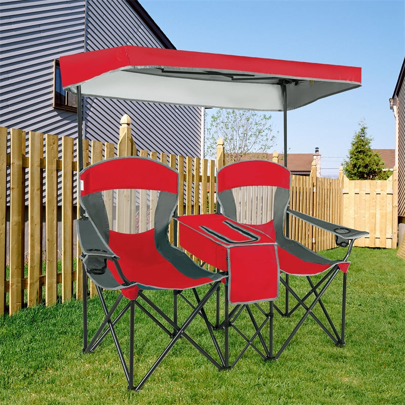 Folding Double Camping Chairs with Shade Canopy Portable Beach Chairs with Cup Holder