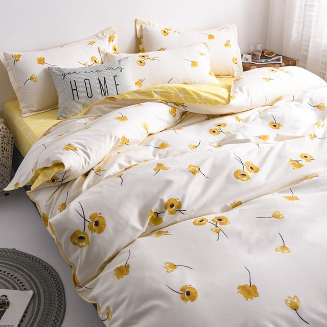 Flower Duvet Cover Bedding Set Peach Daisy Pastoral style Flat Bed Sheet