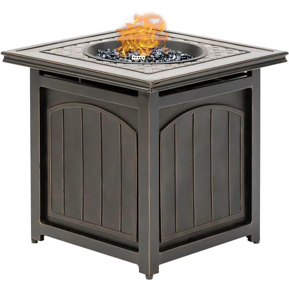 Orleans 5-Piece Steel Patio Fire Pit Conversation Set with Navy Blue Cushions, Swivel Gliders and Square Fire Pit Table