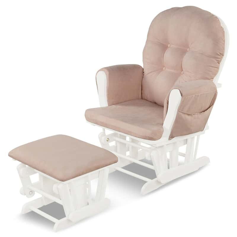 Wood Baby Glider Rocking Chair Nursery Chair with Gliding Ottoman & Storage Pocket