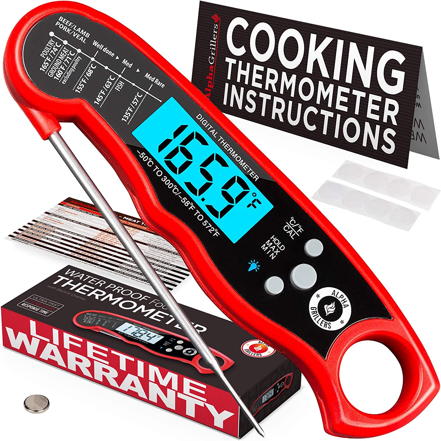 Instant Read Meat Thermometer for Grill and Cooking. Best Waterproof Ultra Fast Thermometer with Backlight & Calibration. Digital Food Probe for Kitchen, Outdoor Grilling and BBQ!