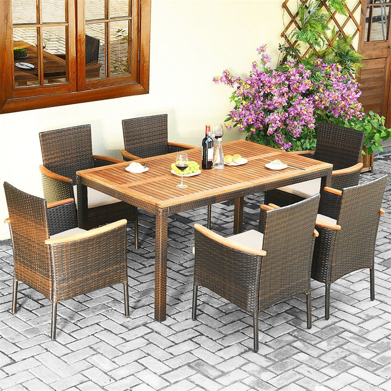 7 Piece Rattan Patio Dining Set with Acacia Wood Table & Stackable Wicker Chairs