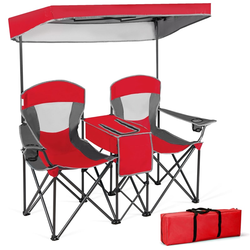 Folding Double Camping Chairs with Shade Canopy Portable Beach Chairs with Cup Holder