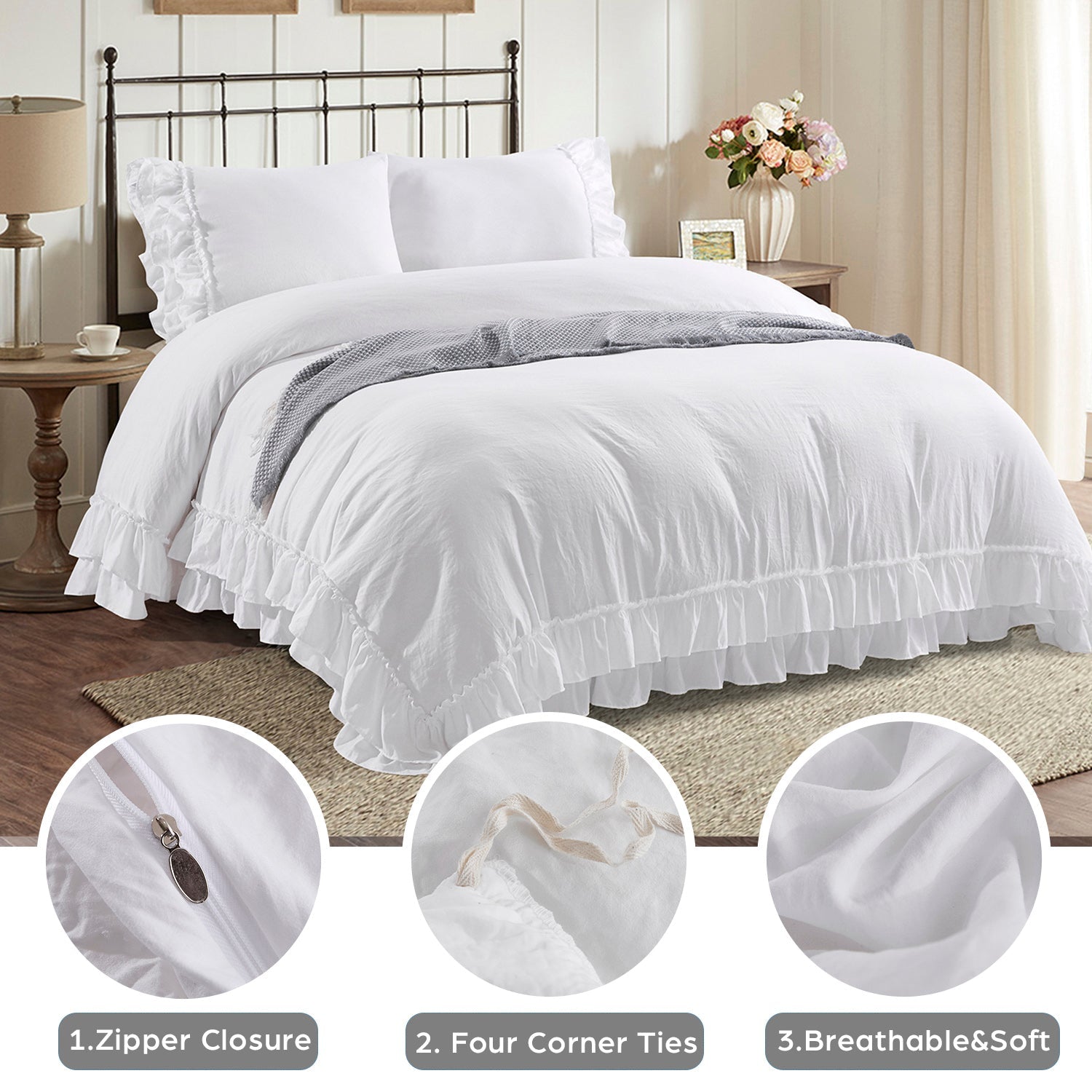 3 Piece Pre-Washed Microfiber Handmade Ruffle Fringe Duvet Cover Set-Hans