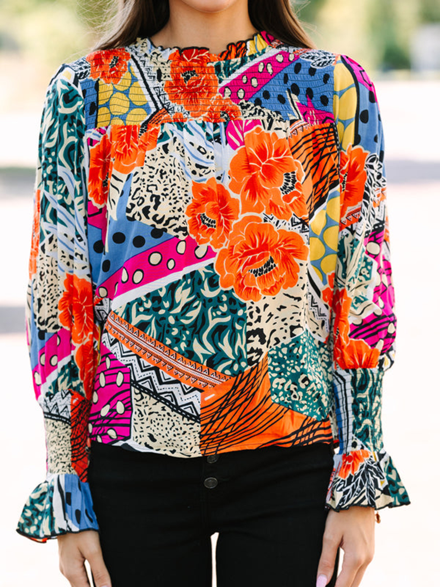 Women's long sleeve mixed print shirt