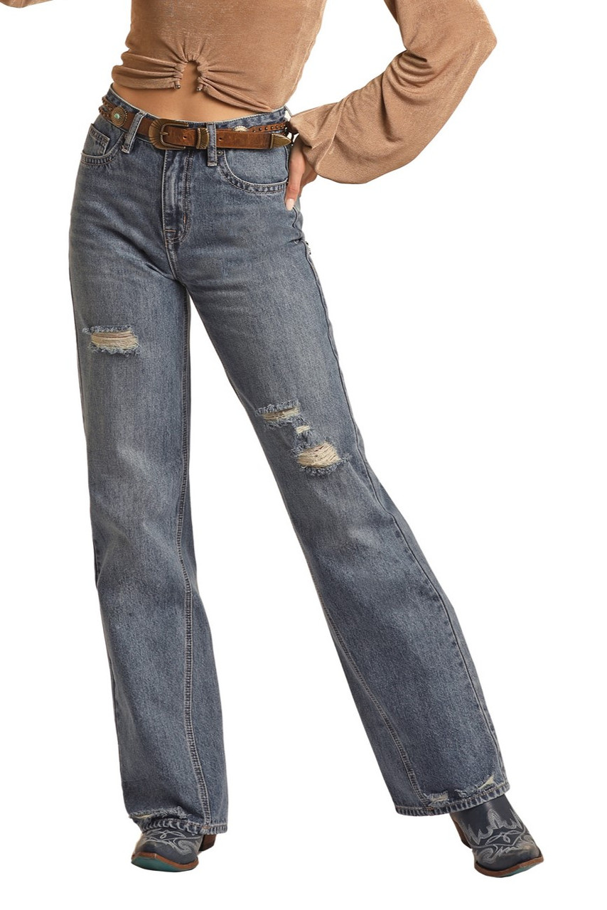 Simple women's mid-waist pocket line design details denim pants