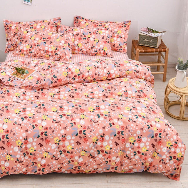 Flower Duvet Cover Bedding Set Peach Daisy Pastoral style Flat Bed Sheet