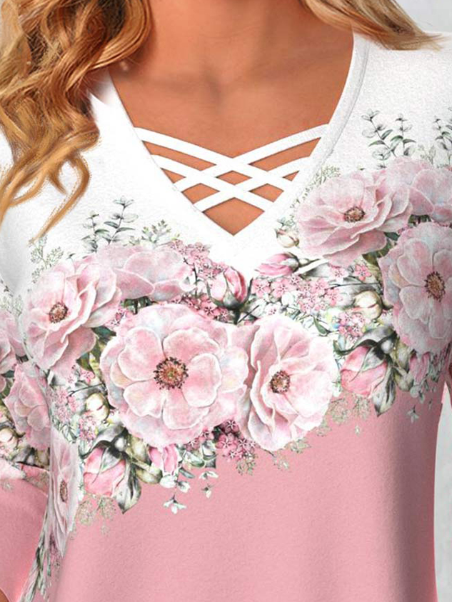 Casual Floral V Neck Long Sleeve T-shirt